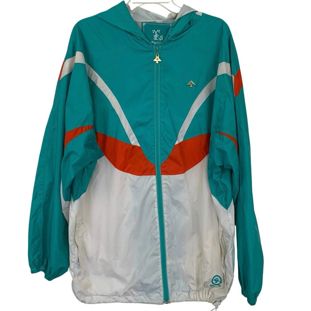 Women Vintage Colorblock Windbreaker Athleisure Hoodie Jacket Teal Size 2XL - Picture 1 of 9